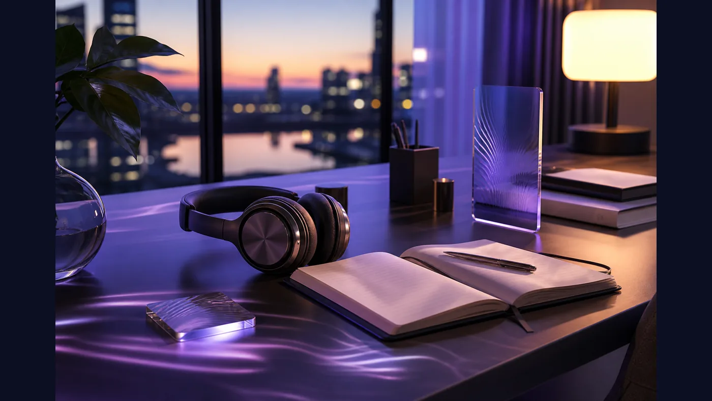 Elegant headphone workspace for short theta audio routine planning