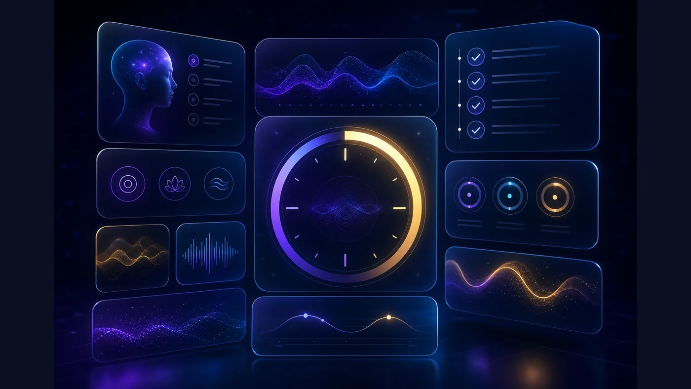 Theta routine checklist dashboard with timer and waveform visuals