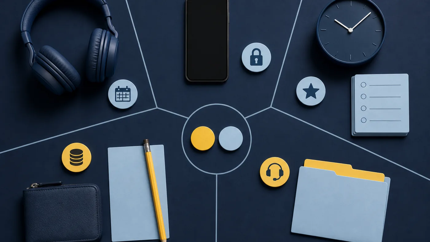 Top-down buyer decision desk with headphones, clock, blank checklist cards and support folder