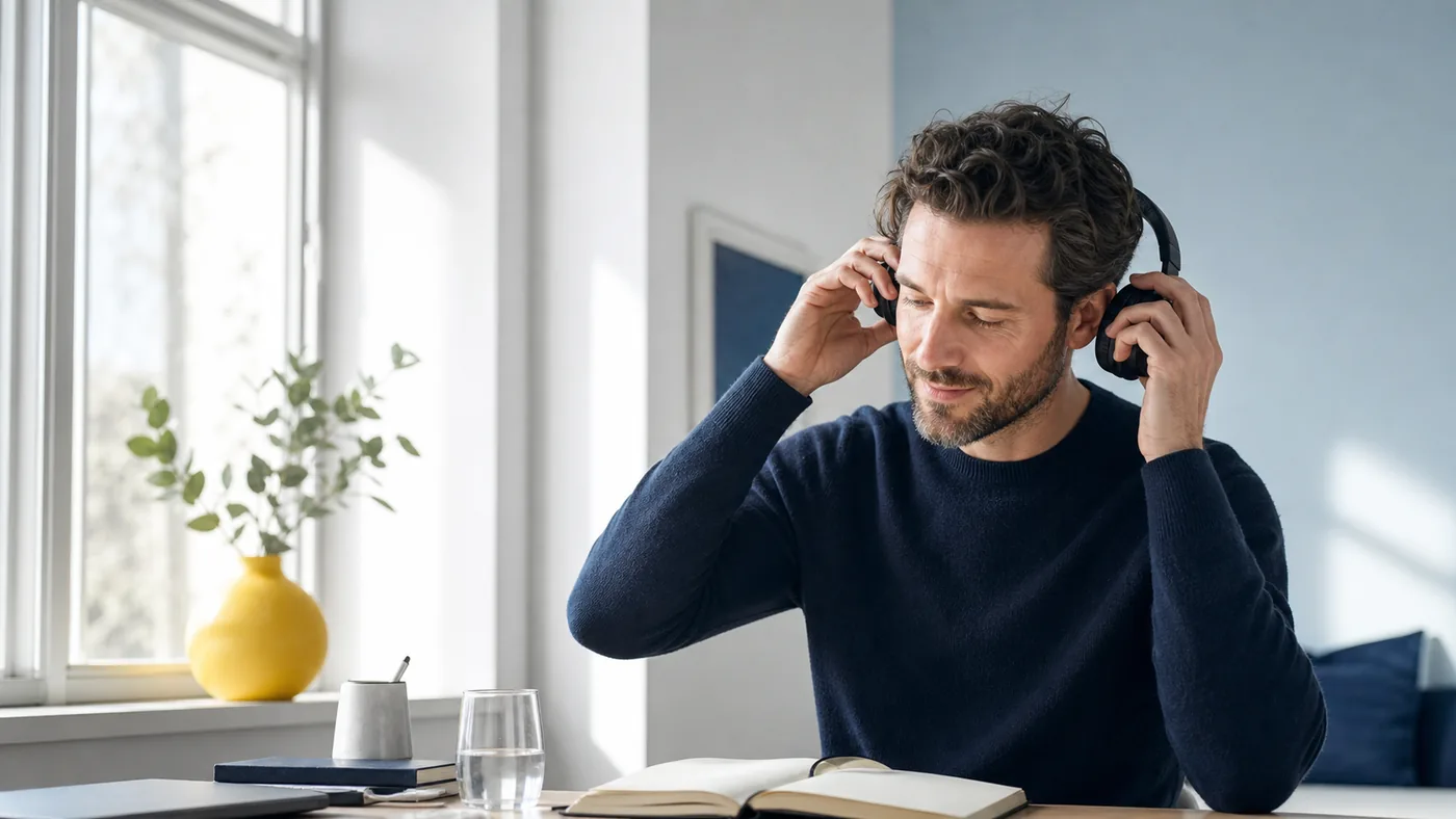 Adult finishing a quiet headphone session and returning to a notebook by a bright window