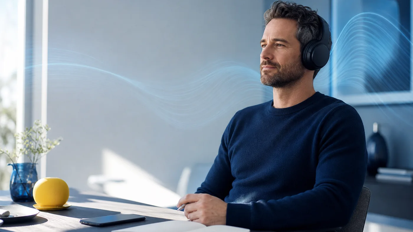 Adult listening with headphones at a home desk beside a notebook