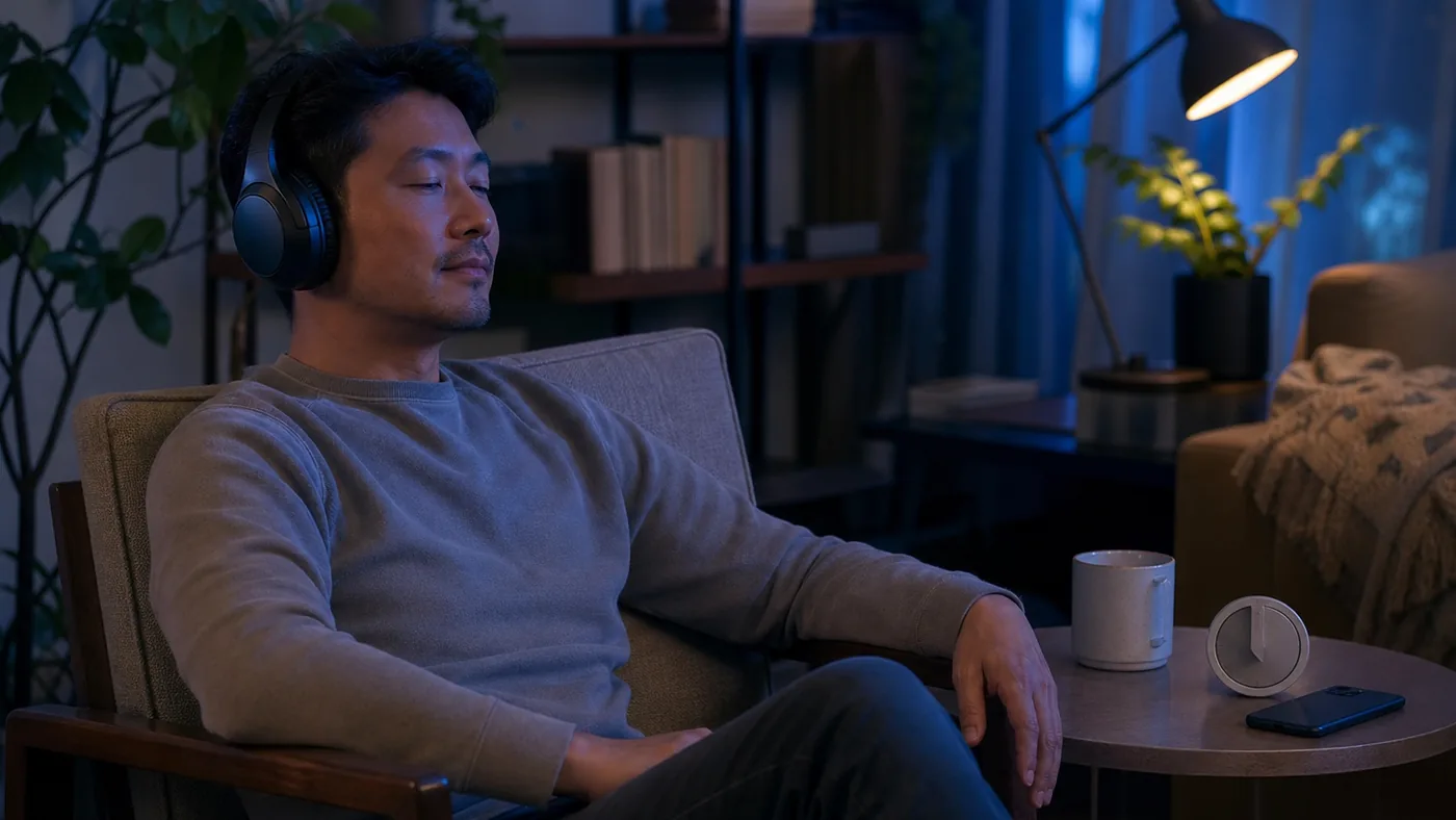 Adult using headphones for a short evening listening routine at home